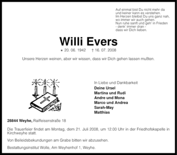 Todesanzeige von Willi Evers von KREISZEITUNG SYKE