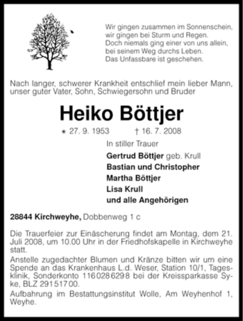 Todesanzeige von Heiko Böttjer von KREISZEITUNG SYKE