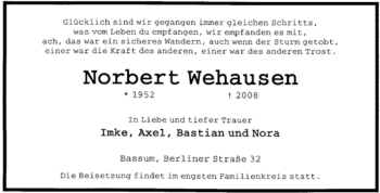 Todesanzeige von Norbert Wehausen von KREISZEITUNG SYKE