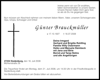 Todesanzeige von Günter Brauckmüller von KREISZEITUNG SYKE