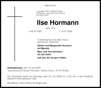 Todesanzeige von Ilse Hormann von KREISZEITUNG SYKE