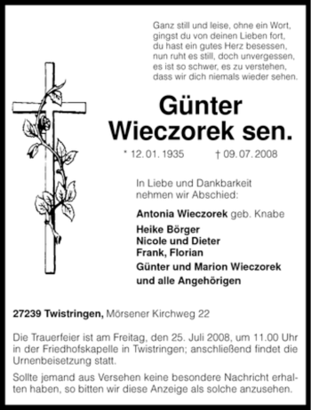 Todesanzeige von Günter Wieczorek von KREISZEITUNG SYKE