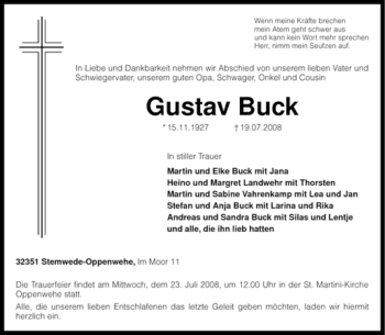 Todesanzeige von Gustav Buck von KREISZEITUNG SYKE