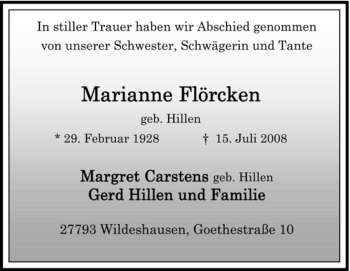 Todesanzeige von Marianne Flörcken von KREISZEITUNG SYKE