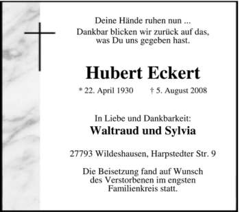 Todesanzeige von Hubert Eckert von KREISZEITUNG SYKE