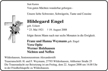 Todesanzeige von Hildegard Engel von KREISZEITUNG SYKE