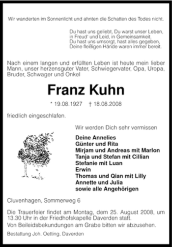Todesanzeige von Franz Kuhn von KREISZEITUNG SYKE