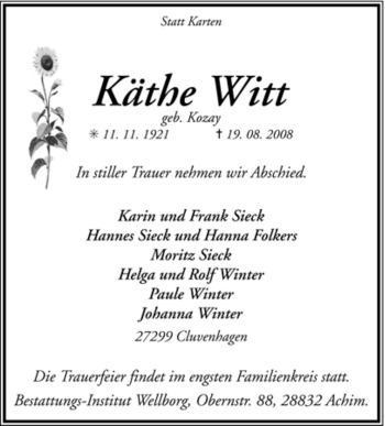 Todesanzeige von Käthe Witt von KREISZEITUNG SYKE