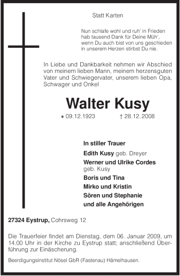 Todesanzeige von Walter Kusy von KREISZEITUNG SYKE
