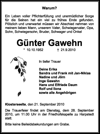 Todesanzeige von Günter Gawehn von KREISZEITUNG SYKE
