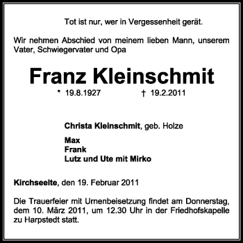 Todesanzeige von Franz Kleinschmidt von KREISZEITUNG SYKE
