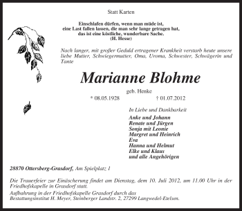 Todesanzeige von Marianne Blohme von KREISZEITUNG SYKE