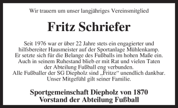 Todesanzeige von Fritz Schriefer von KREISZEITUNG SYKE