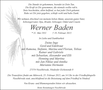 Todesanzeige von Werner Baden von KRZ