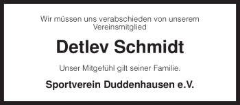 Todesanzeige von Detlev Schmidt von KREISZEITUNG SYKE