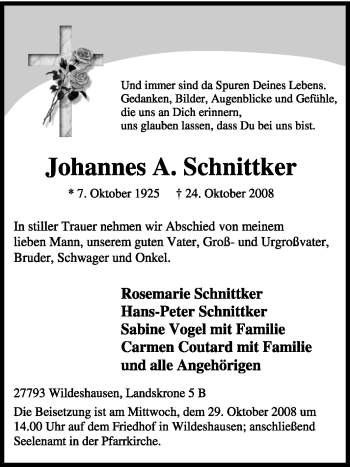 Todesanzeige von Johannes A. Schnittker von KREISZEITUNG SYKE