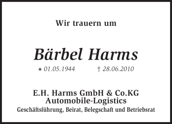Todesanzeige von Bärbel Harms von KREISZEITUNG SYKE