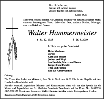 Todesanzeige von Walter Hammermeister von KREISZEITUNG SYKE
