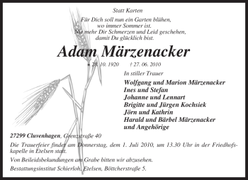 Todesanzeige von Adam Märzenacker von KREISZEITUNG SYKE