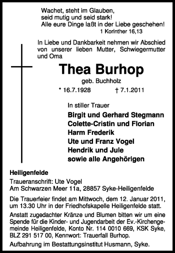 Todesanzeige von Thea Burhop von KREISZEITUNG SYKE