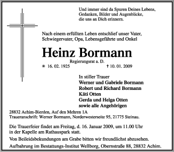 Todesanzeige von Heinz Bormann von KREISZEITUNG SYKE