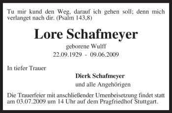 Todesanzeige von Lore Schafmeyer von KREISZEITUNG SYKE