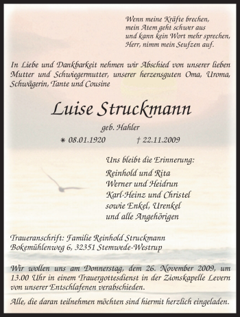 Todesanzeige von Luise Struckmann von KREISZEITUNG SYKE