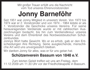 Todesanzeige von Jonny Barneföhr von KREISZEITUNG SYKE