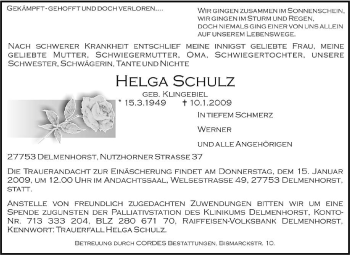 Todesanzeige von Helga Schulz von KREISZEITUNG SYKE