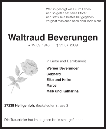 Todesanzeige von Waltraud Beverungen von KREISZEITUNG SYKE