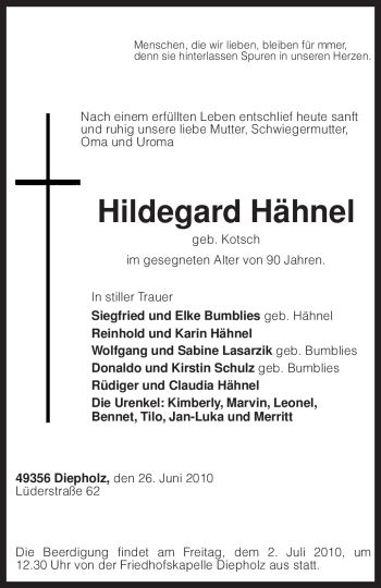 Todesanzeige von Hildegard Hähnel von KREISZEITUNG SYKE