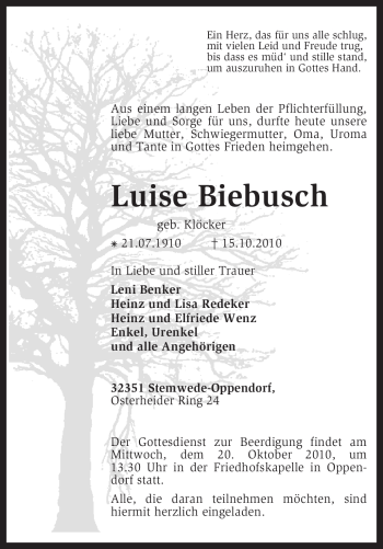 Todesanzeige von Luise Biebusch von KREISZEITUNG SYKE