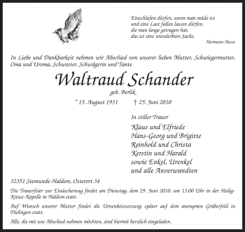 Todesanzeige von Waltraud Schander von KREISZEITUNG SYKE