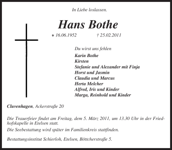 Todesanzeige von Hans Bothe von KREISZEITUNG SYKE