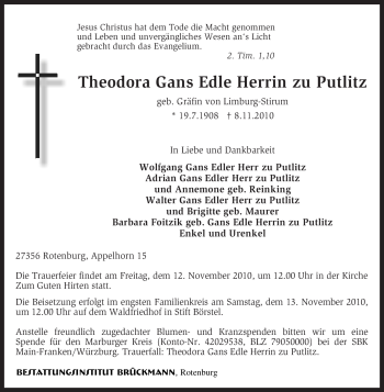 Todesanzeige von Theodora Gans zu Putlitz von KREISZEITUNG SYKE