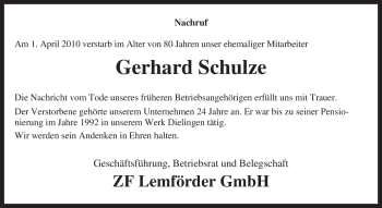 Todesanzeige von Gerhard Schulze von KREISZEITUNG SYKE