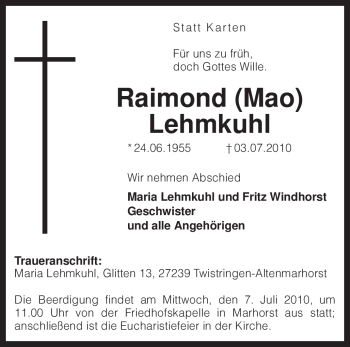 Todesanzeige von Raimond Lehmkuhl von KREISZEITUNG SYKE