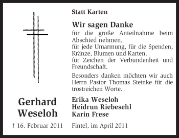 Todesanzeige von Gerhard Weseloh von KREISZEITUNG SYKE