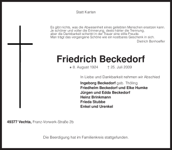 Todesanzeige von Friedrich Beckedorf von KREISZEITUNG SYKE