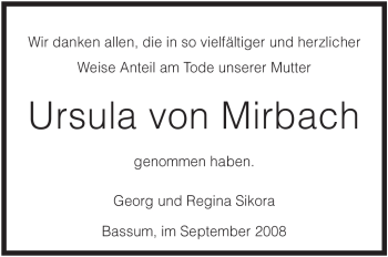 Todesanzeige von Ursula von Mirbach von KREISZEITUNG SYKE