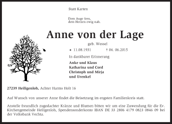 Todesanzeige von Anne von der Lage von KRZ