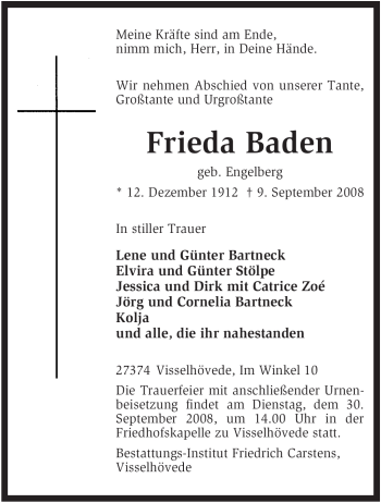 Todesanzeige von Frieda Baden von KREISZEITUNG SYKE