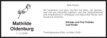 Todesanzeige von Mathilde Oldenburg von KREISZEITUNG SYKE