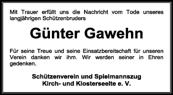 Todesanzeige von Günter Gawehn von KREISZEITUNG SYKE