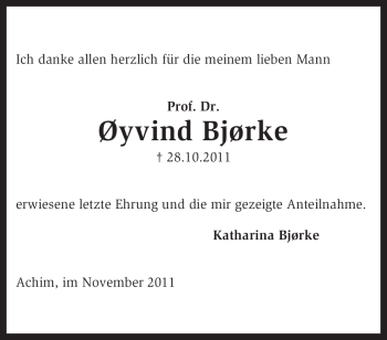Todesanzeige von Øyvind Bjørke von KREISZEITUNG SYKE