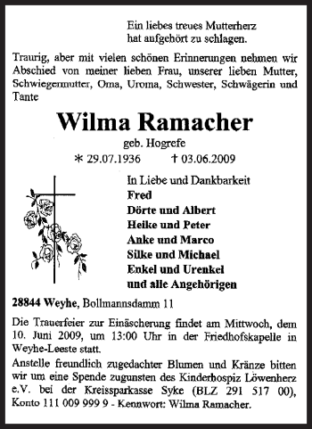 Todesanzeige von Wilma Ramacher von KREISZEITUNG SYKE