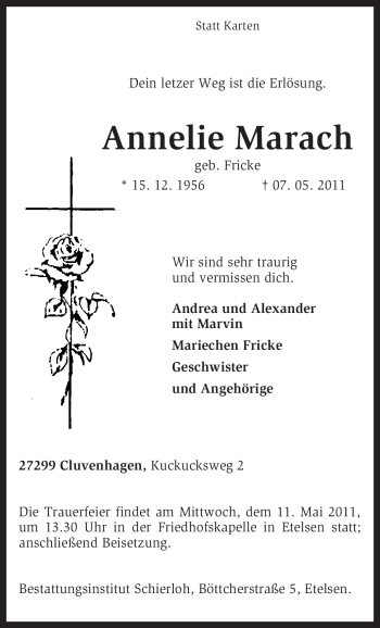 Todesanzeige von Annelie Marach von KREISZEITUNG SYKE