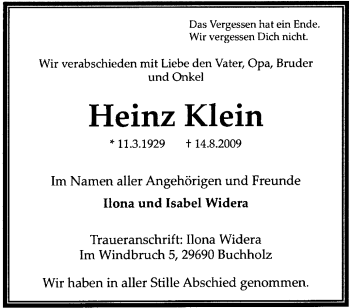 Todesanzeige von Heinz Klein von KREISZEITUNG SYKE
