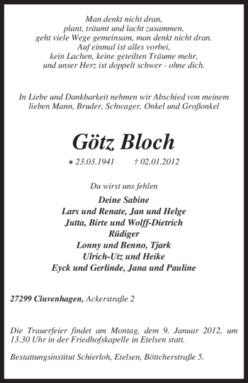 Todesanzeige von Götz Bloch von KREISZEITUNG SYKE