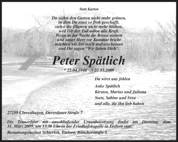 Todesanzeige von Peter Spätlich von KREISZEITUNG SYKE